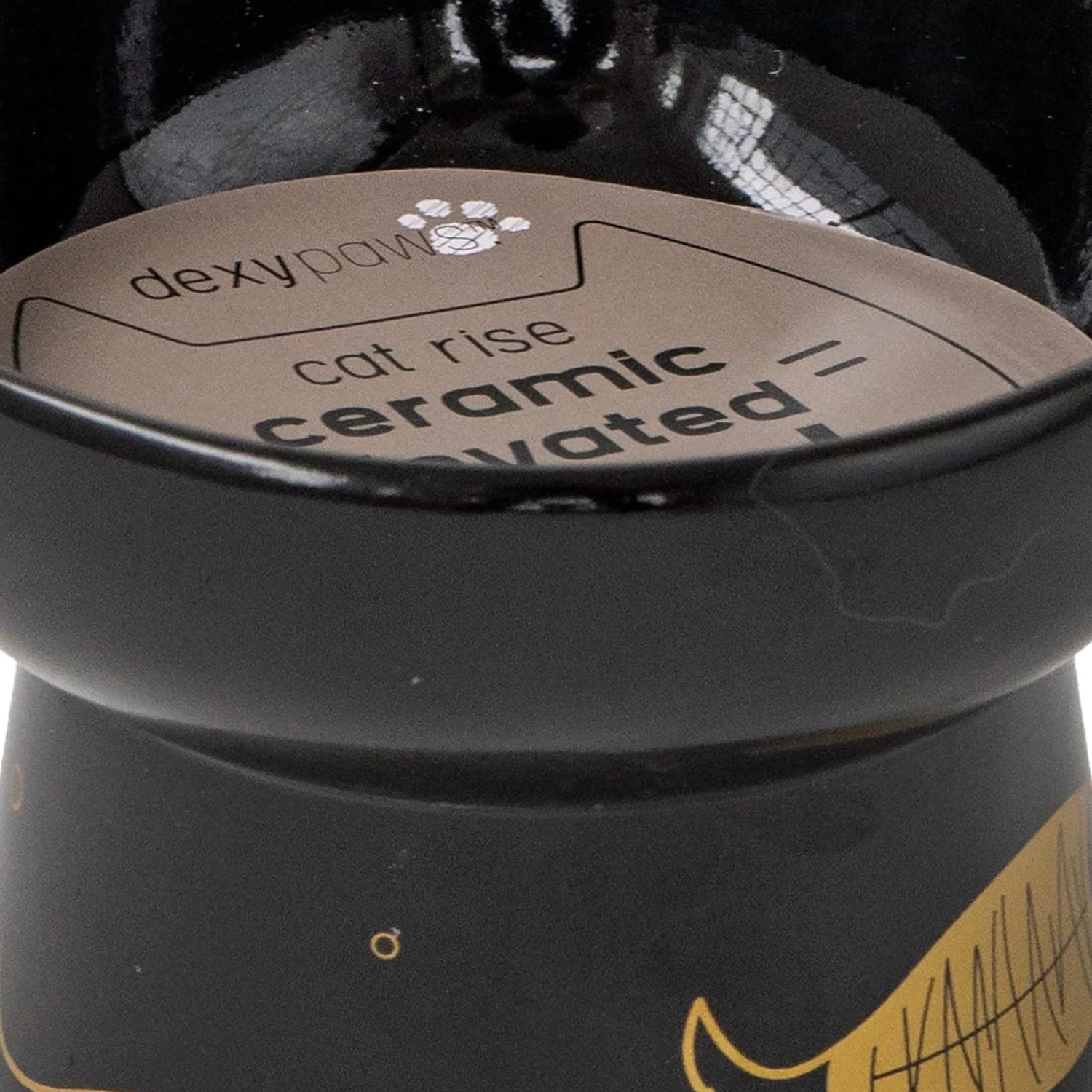 Dexypaws: Elevated Ceramic Cat Bowl - Black & Gold Fish - 7oz - Pet Feeding Dish, Meals, Food & Water, Ergonomic Height, Stylish, Shallow & Raised