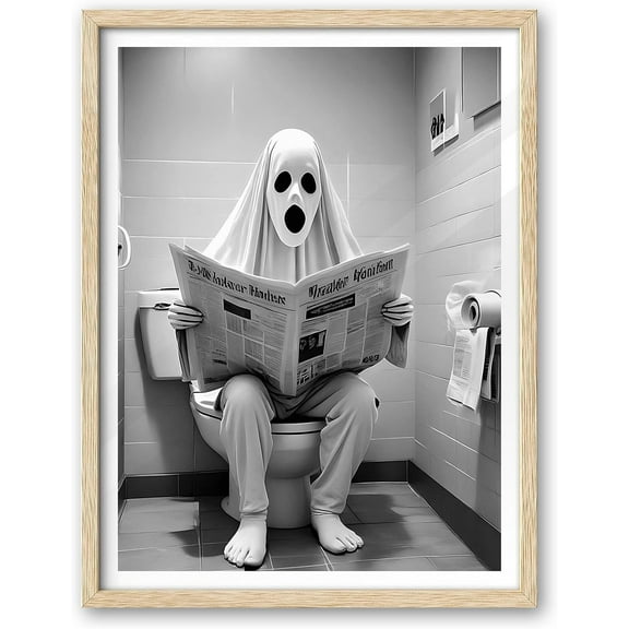 Aaheei Natural Ghost Reading Newspaper on Toilet Wall Art,Canvas Prints, Black and White Hypebeast Bathroom Wall Art Decor, Set of 1 Funny Halloween Poster for Bedroom