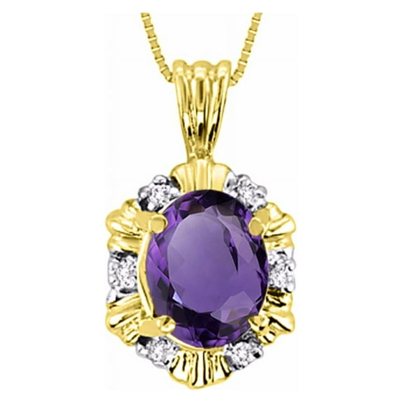 Rylos 14K Yellow Gold Halo Pendant Necklace: 9X7MM Amethyst & Sparkling Diamonds - 18" Chain Exquisite Birthstone Jewelry