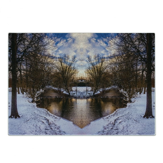 Landscape Cutting Board, Snowy Winter Park Trees Heart Shape Lake River Sunset View Symmetrical Art, Decorative Tempered Glass Cutting and Serving Board, in 3 Sizes, by Ambesonne