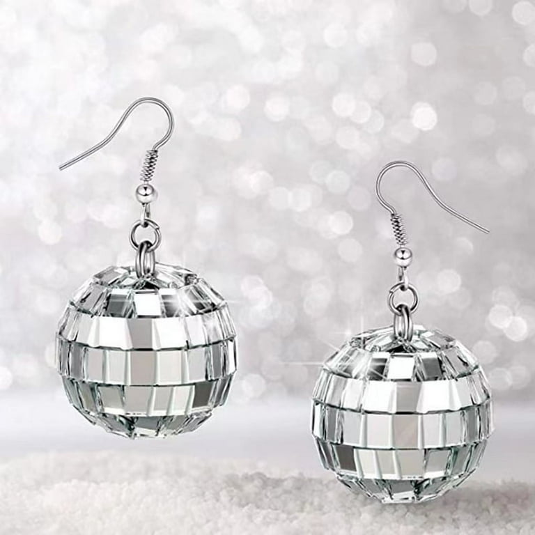 Pair 70s Silver Color Shiny Disco Ball Dangle Earrings for Women - Main Image