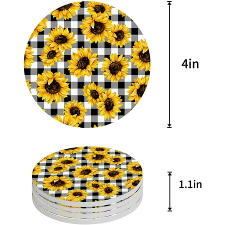 

ZHANZZK Summer Countryside Sunflower Black White Plaid Set of 6 Round Coaster for Drinks Absorbent Ceramic Stone Coasters Cup Mat with Cork Base for Home Kitchen Room Coffee Table Bar Decor
