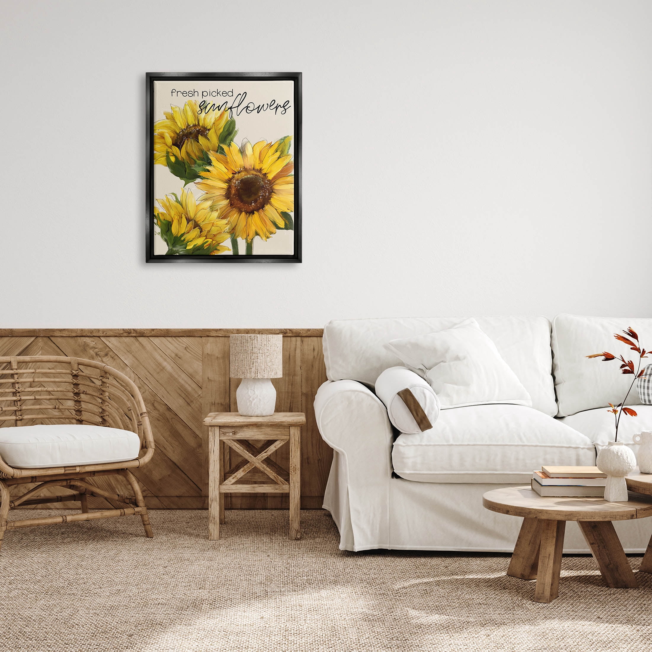 Stupell Industries Fresh Picked Sunflowers Typography Graphic Art Jet Black Floating Framed Canvas Print Wall Art, Design by Conrad Knutsen