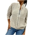 thumbnail image 3 of SROBPTY Womens Jackets, Casual Jackets for Women, Women's Casual Fashion Hollow Knitted Long Sleeve Zipper Jacket Beige,L, 3 of 5