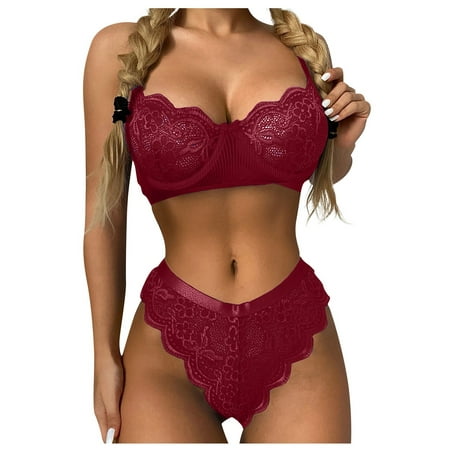 

QWERTYU Sexy Teddy Lingerie for Women 2PCS Lace High Waisted Lingerie Set Eyelash Babydoll Bra and Panty Sets Wine 3XL