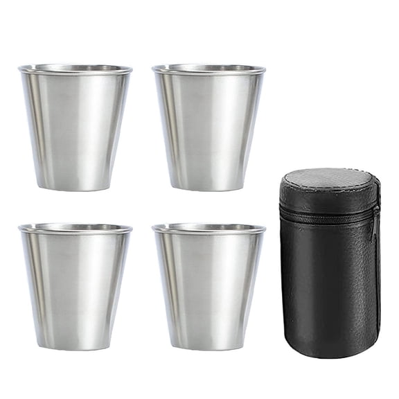 Stainless Steel Shot Cups, Set of 4 Metal Glasses, Stackable, Hip Flask Small with Leather Bag for Outdoor