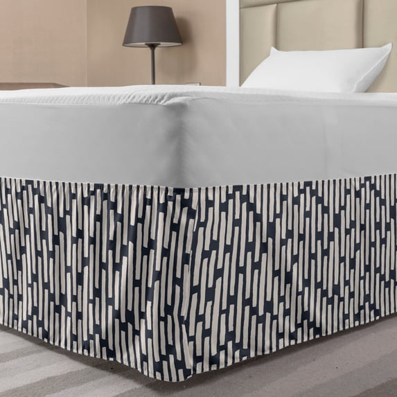 Abstract Bed Skirt, Simple Irregular Brushstroke Bold Bars in Vertical Order, Elastic Bedskirt Dust Ruffle Wrap Around for Bedding Decor, 4 Sizes, Dark Slate Blue Beige, by Ambesonne