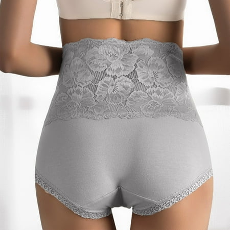 BYHONG Women s Lace Underwear Plus Size High Waist Cotton Soft Full Cover Underpants Panties for Women Grey L