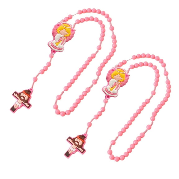 2Pieces Catholic Children Rosary Necklace Set with Crosses Pendant Acrylic Beads Neck Chain for Religious Event Gift