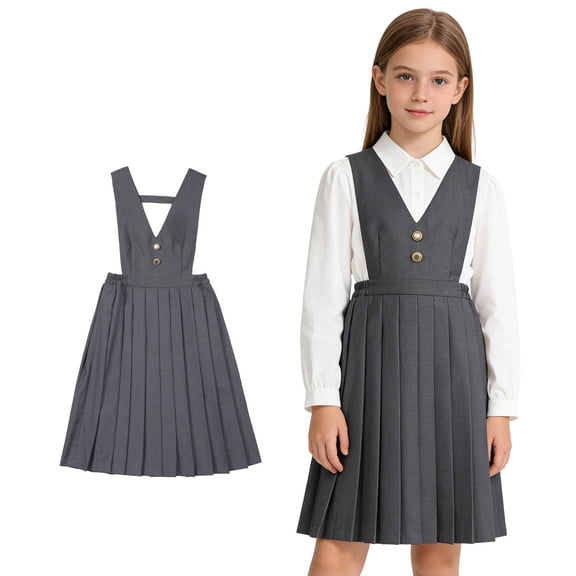 Toddler Girls Uniform Dress V Neck Jumper Dresses A-Line Pleated Dress Summer Grey School Skirts Girls Back to School Outfit 3-4 Years