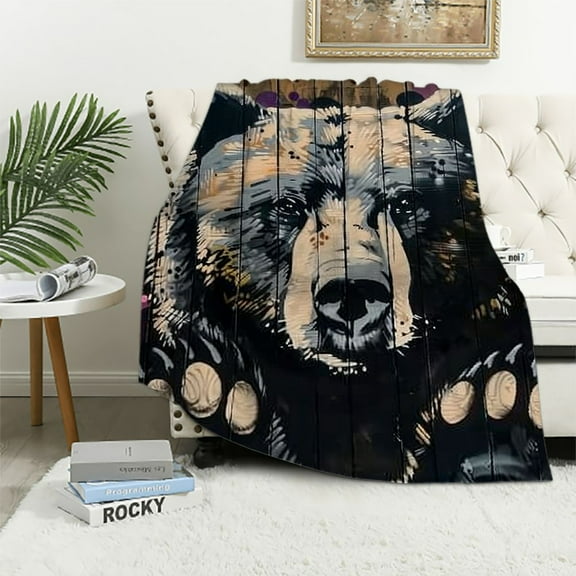 BCIIG Wild Bear Kids Throw Blanket,Bear Paws Print Wooden Plank Rustic Bed Blanket for Boys Men,Hunting Animal Adventure Fleece Blanket,Brown Black Fuzzy Blanket,Baby Size   40x50in