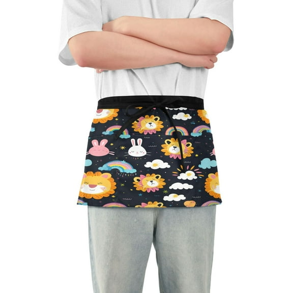 Lion Rabbit Faces Server Apron with 3 Pockets Waterproof Waitress Waist Short Apron for Man Woman 12 Inches