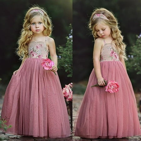 Kids Girl Lace Flower Dress Maxi Long Princess Party Dresses Gown