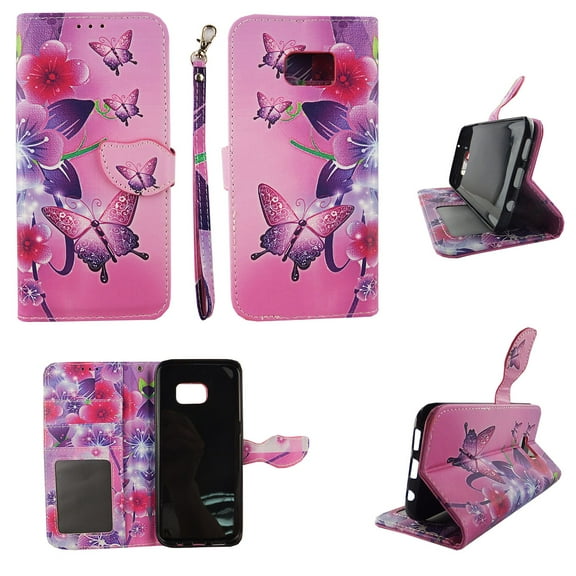Butterfly Flower Pink Wallet Folio Case for Samsung Galaxy S7 Edge Fashion Flip PU Leather Cover Card Cash Slots & Stand