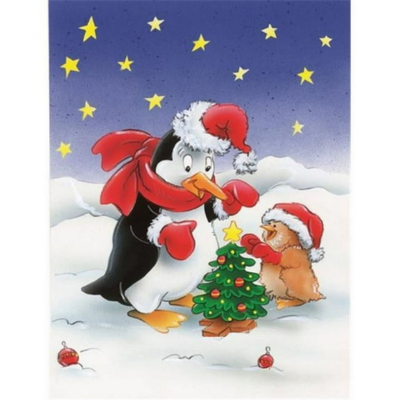 Carolines Treasures AAH7203CHF Penguin and Robin with Christmas Tree Flag Canvas House Size  Large multicolor
