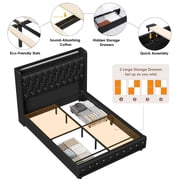 Homfa Black Full Size LED Bed Frame with 2 Storage Drawers, Modern PU Leather Crystal Button Upholstered Platform Bed Frame with Outlets and USB Ports & Display Platform
