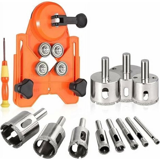 Sierra perforadora de diamante, localizador de perforación ajustable Sierra perforadora para azulejos con 11 piezas Ets recubiertas de diamante + 1 guía de sierra perforadora con destornillador con
