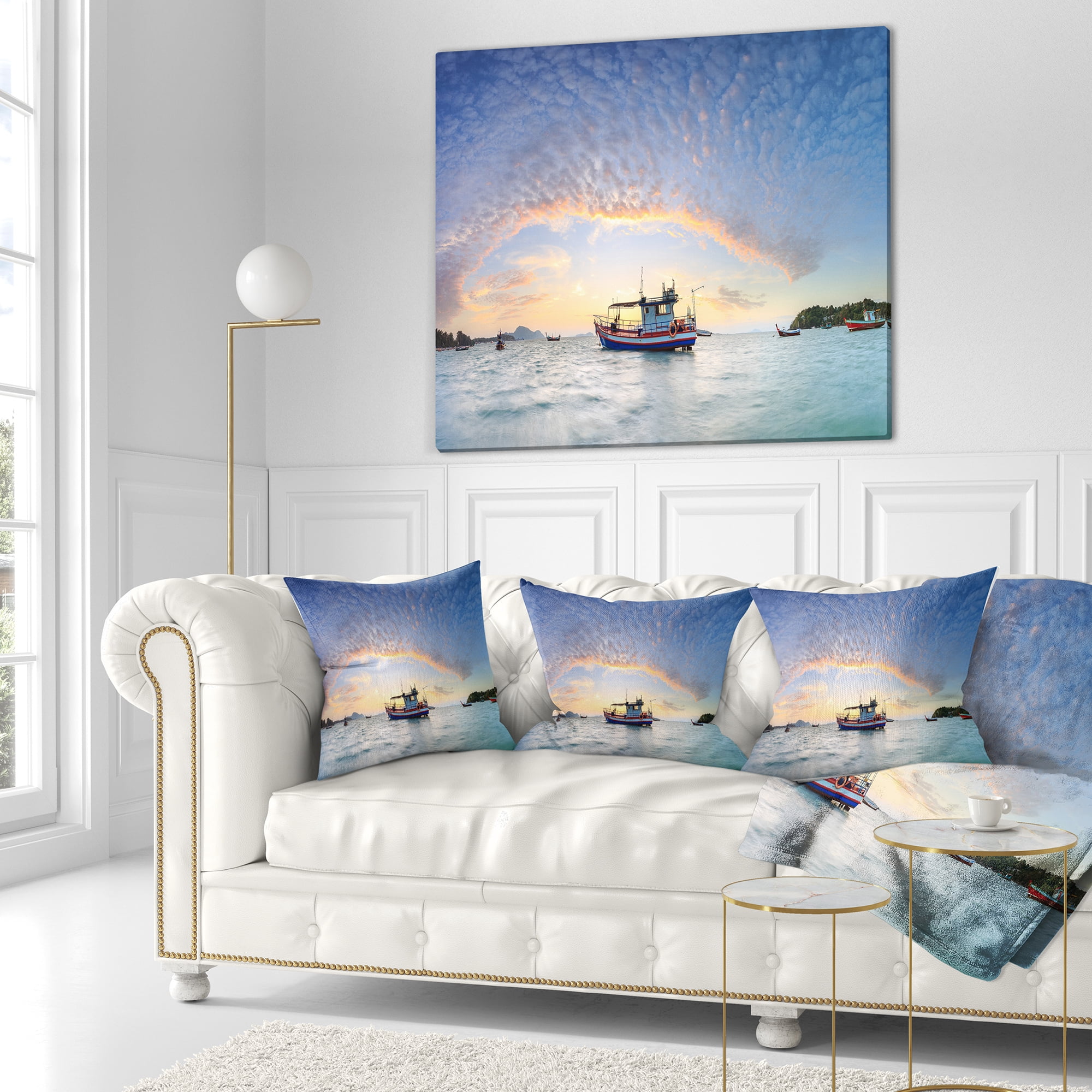 Designart Fishing Boat at Phuket Sunrise Beach - Modern Seascape Throw Pillow - 16x16