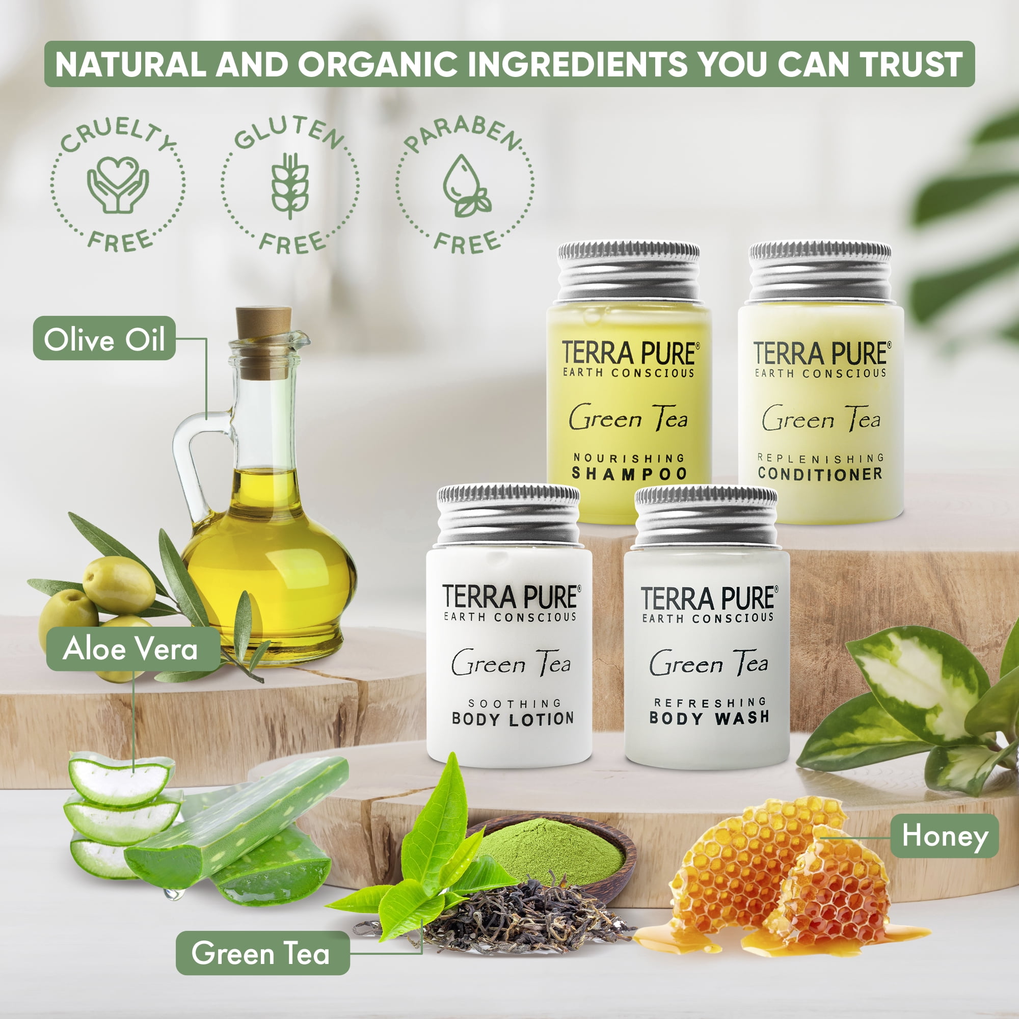Terra Pure Green Tea 1.0 oz. Toiletries Set | 1-Shoppe All-In-Kit Amenities For Hotels, Airbnb & Rentals | Hotel Shampoo & Conditioner, Body Wash, Body Lotion | 80 Piece Travel Set