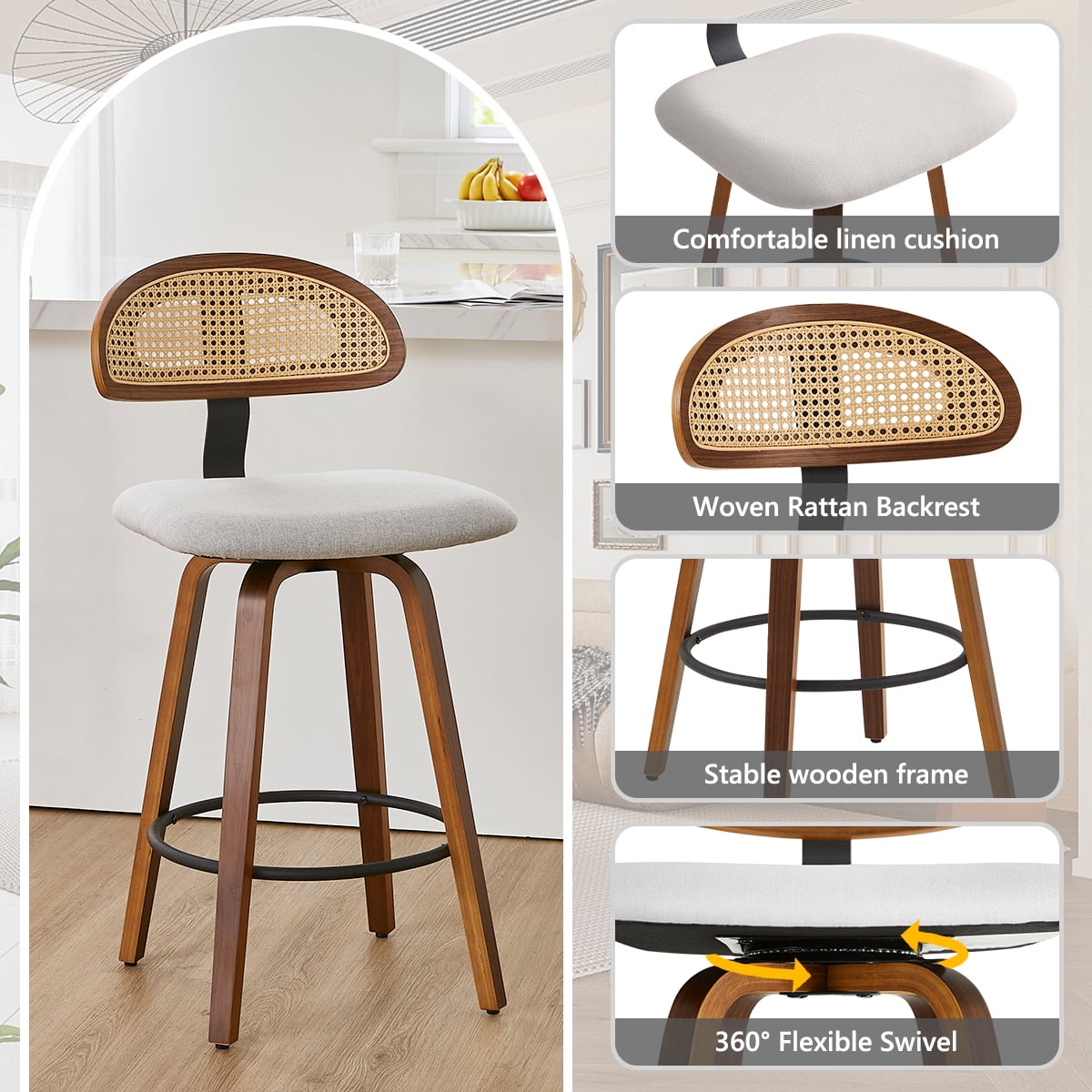 360° Swivel Rattan Bar Stools Set of 1, Counter Height Modern Kitchen Island Stools With Footrest, Uphostered Cushion, Comfortable Durable, Grey