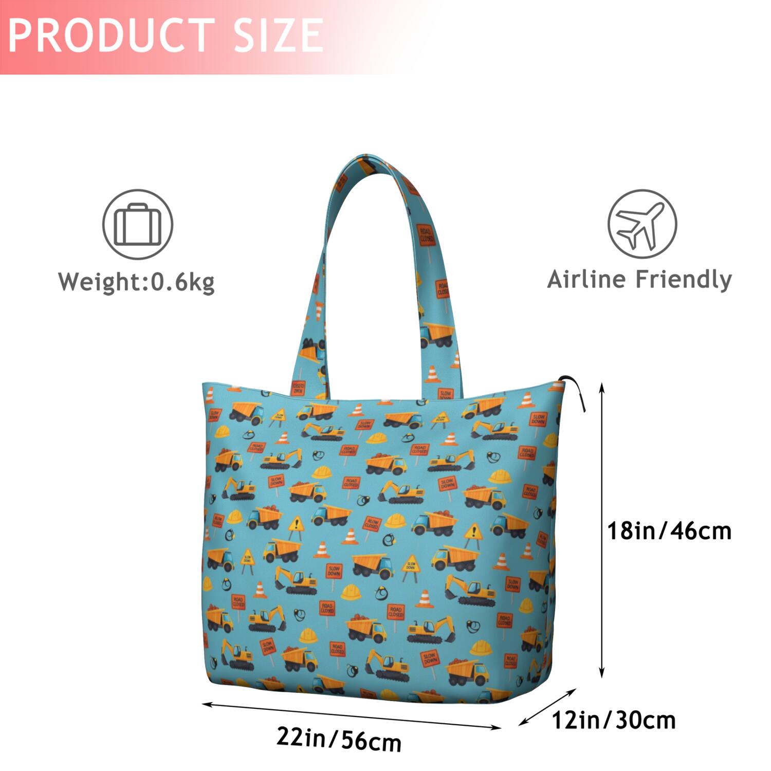 Cartoon Construction Vehicles Road Signs Travel Tote Bags for Women Carry On,Large Weekender Bags for Women Travel,Multi Functional Duffle Bag for Work,Shopping,Sports