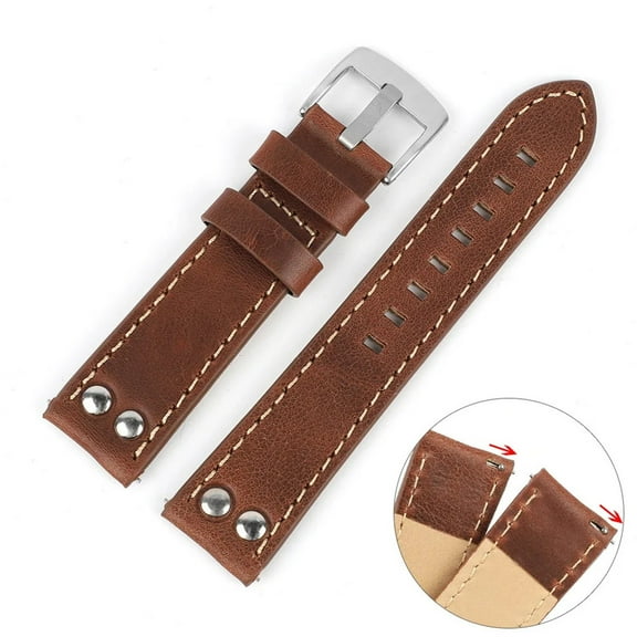 CHUNYAN Genuine Leather Rivets Watch Band 22mm Coffee Brown Watchband Stainless Steel Pin Buckle Wrist Belt Strap Bracelet for Men