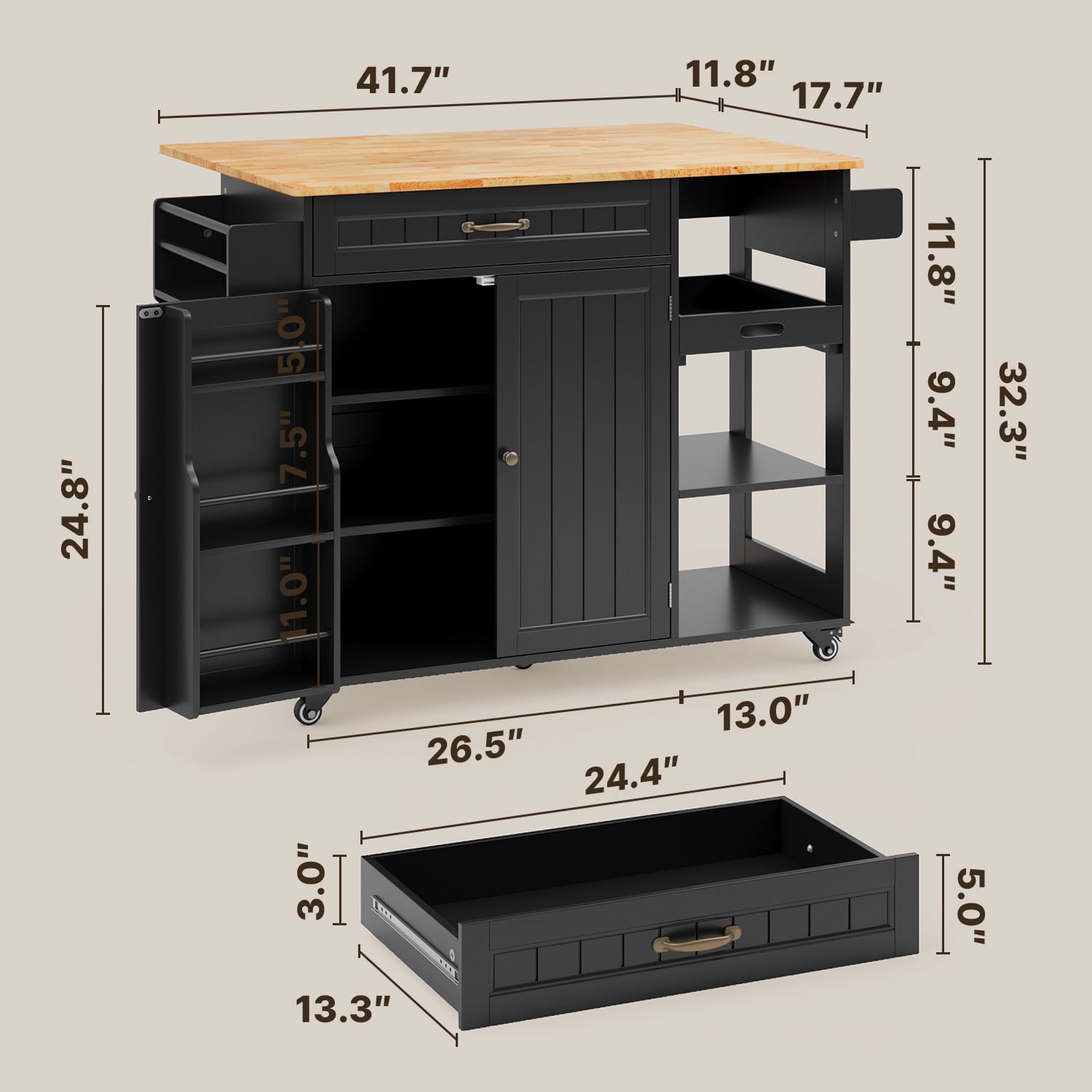 Kitchen Island with Storage, Lofka 41.7” Kitchen Island Cart with Drop Leaf, 1 Removable Tray, 2 Shelves, 1 Cabinet, Black