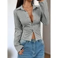 thumbnail image 4 of Camisa Corta A Rayas con Botones y Larga Ajustada para Mujer, Blusa de Trabajo Gris M, 4 of 10