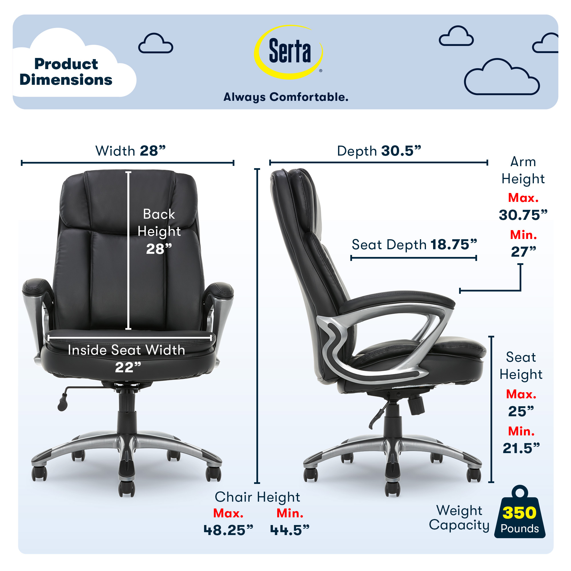 Serta Puresoft Faux Leather Big and Tall Executive Office Chair, Black - image 3 of 22