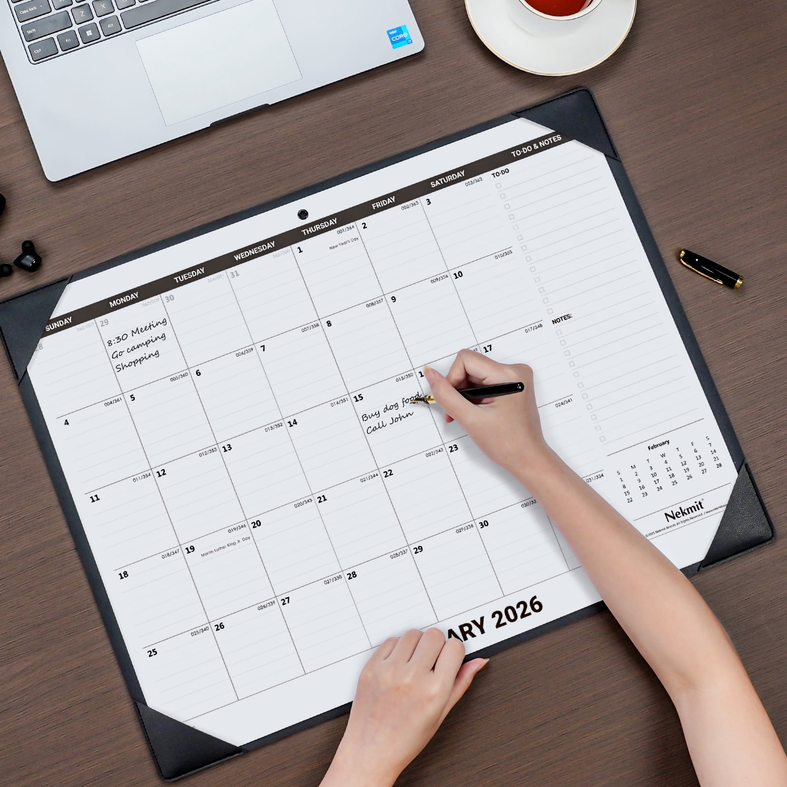 Nekmit Desk Calendar 2026-2027 with PU Desk Pad, 21" x 16 1/2", Black
