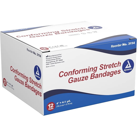 Dynarex Conforming Stretch Gauze Bandages, 4" x 4.1 yds, Sterile, Box of 12