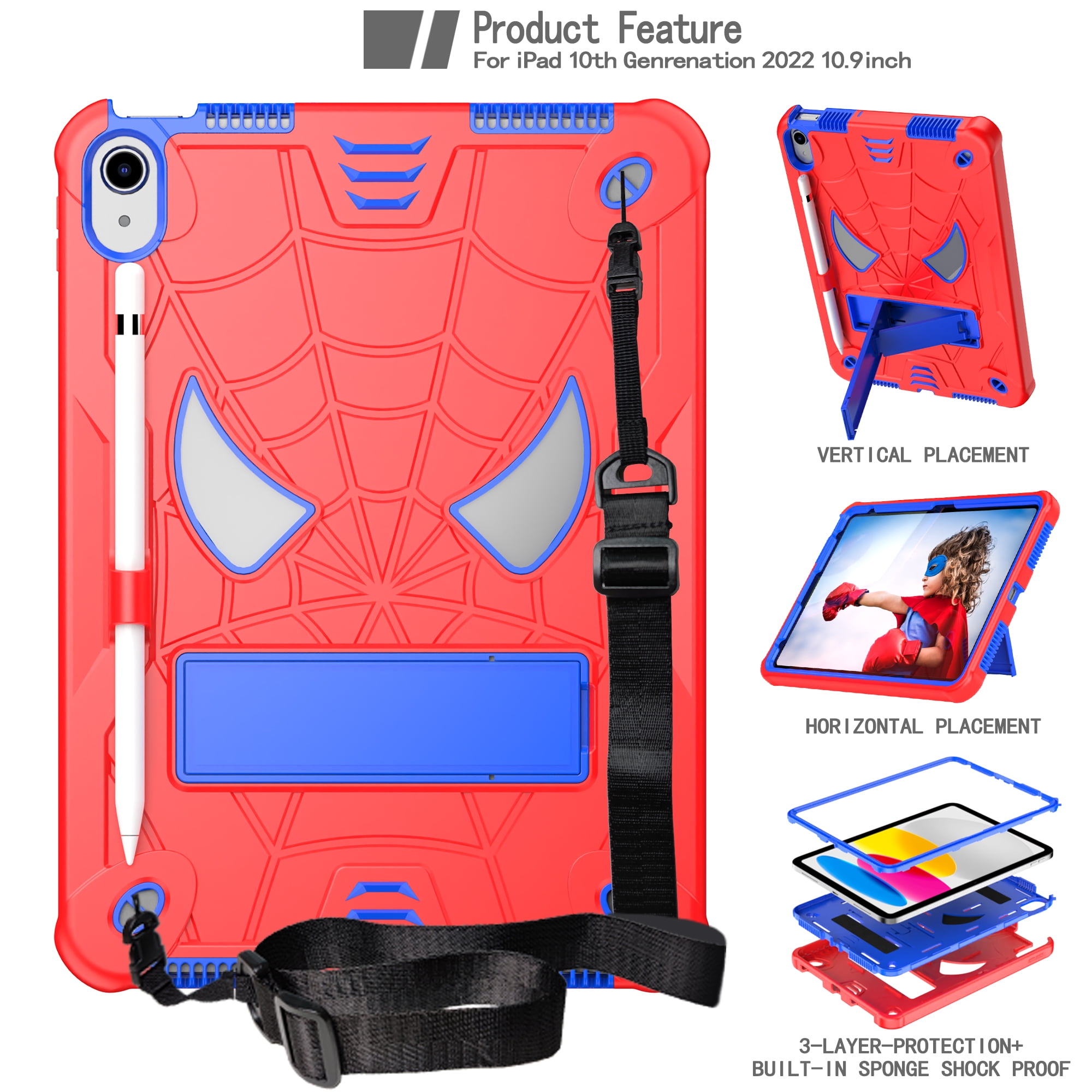 Rugged Shockproof Protective Case for Apple iPad A16 11th Gen 11" 2025 & iPad 10th Gen 10.9" - Heavy Duty 3-Layer Armor, Built-in Kickstand, Shoulder Strap, Pencil Holder, Shock Absorption,Red+Blue