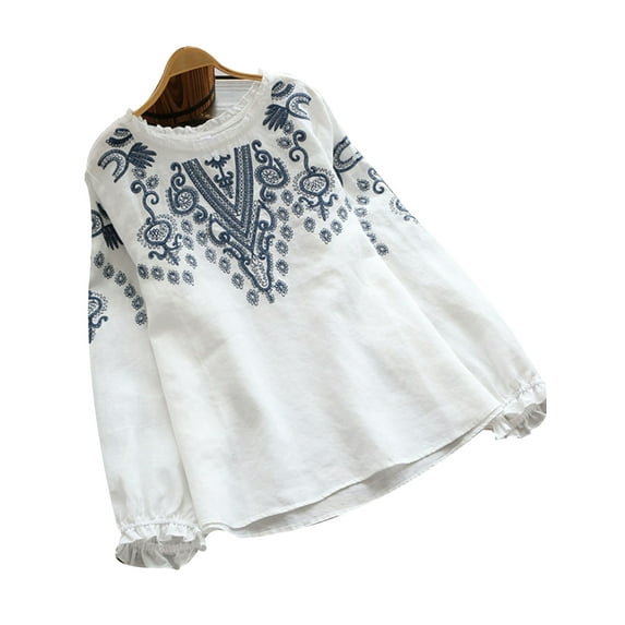 QELUSQELUS Women Shirt Puff Long Sleeve Cotton Linen Loose Ethnic Daytime Blouse