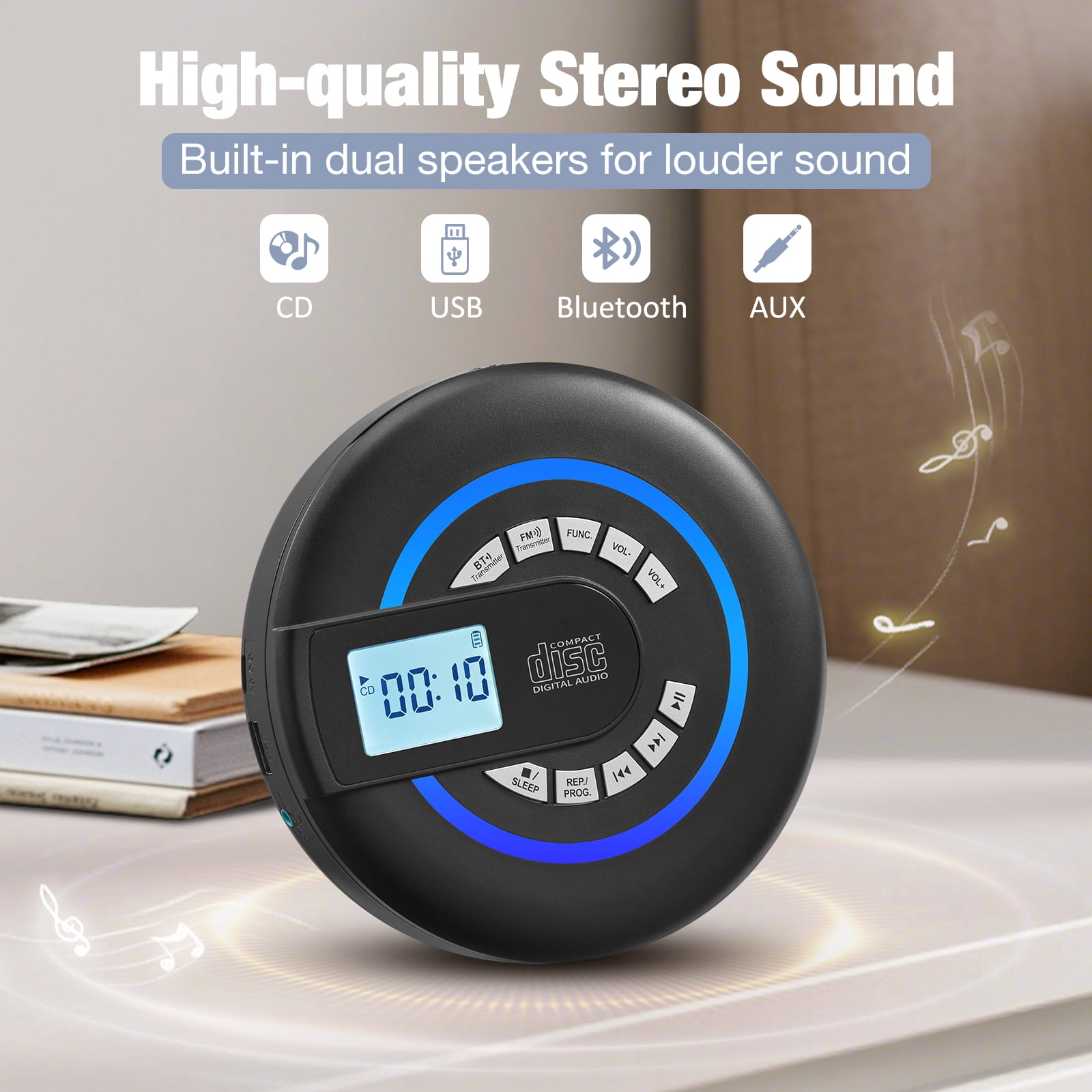 Portable CD player with Bluetooth,Rechargeable Walkman CD Player with FM Transmitter, Discman CD Player for Car.