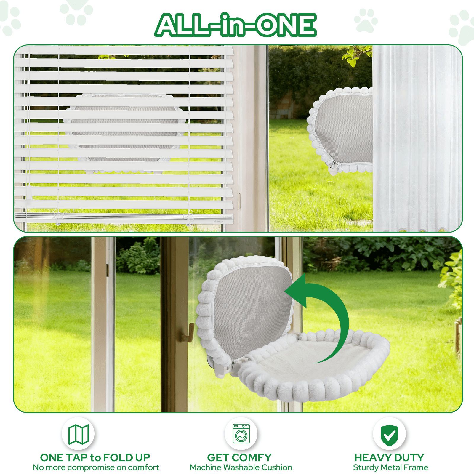 Euqvunn Cat Window Perch, Cat Window Hammock with Metal Frame and Reversible Cover&4 Strong Suction Cups, No Drilling, Cat Beds for Indoor Cats for Sunbathing, Napping & Overlooking(White,Velvet)