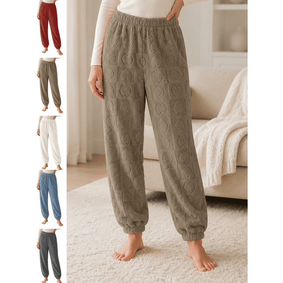 Women's Pajama Pants Heart Embossed Fleece Pant High Waisted Jogger Lounge Bottoms Warm Winter Sleepwear