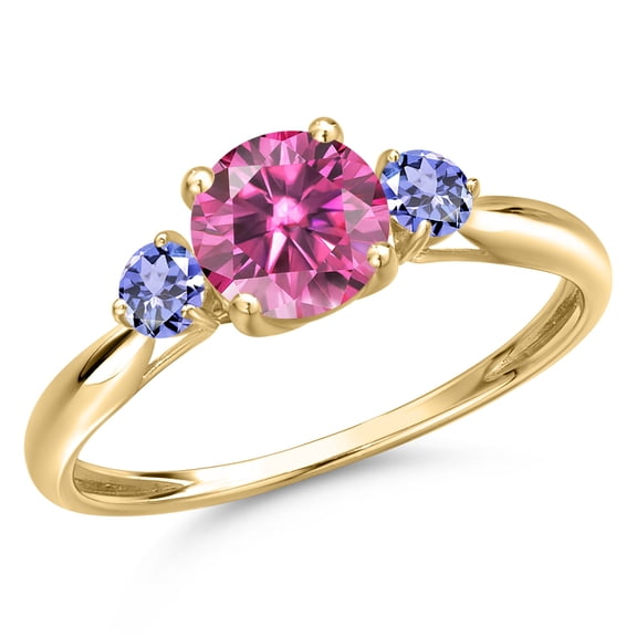 Gem Stone King 10K Yellow Gold Pink Moissanite and Blue Tanzanite 3-Stone Ring for Women | 1.10 Cttw | Round 6MM | Gemstone Birthstone | Size 9