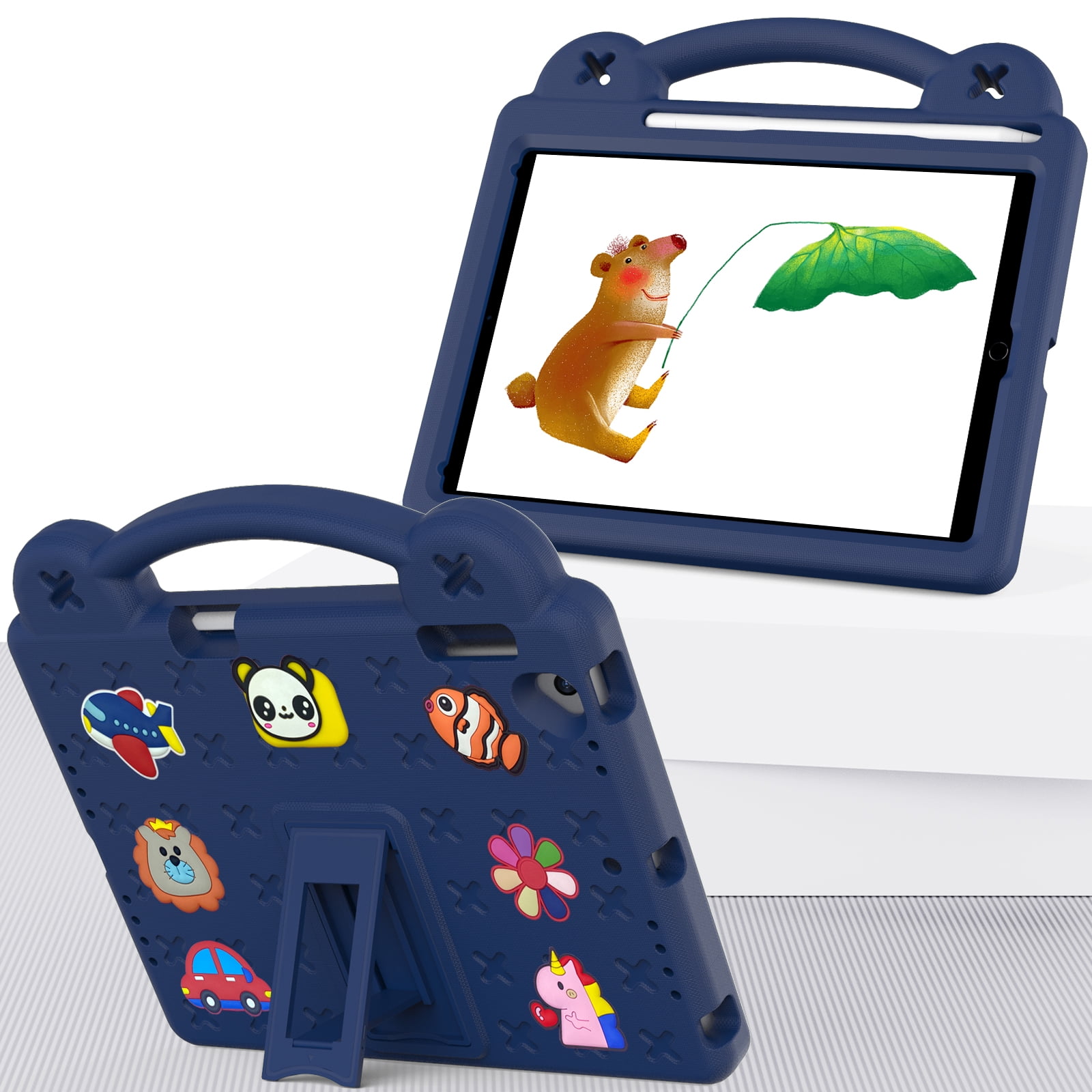 ELEHOLD Kids Case for iPad 6th/5th Gen/Pro (2018/2017/2016) 9.7 inch, EVA Foam Cute Cartoon Case with Built-in Kickstand Pencil Holder Shockproof Portable Case for iPad 9.7"/iPad Air/Air 2,Navyblue