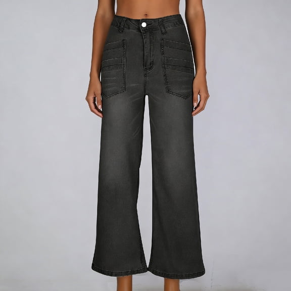 Cutuoiiu Women's Casual Plus Size High Waist Loose Wide Leg Cropped Denim Jeans with Patch Pockets Gifts