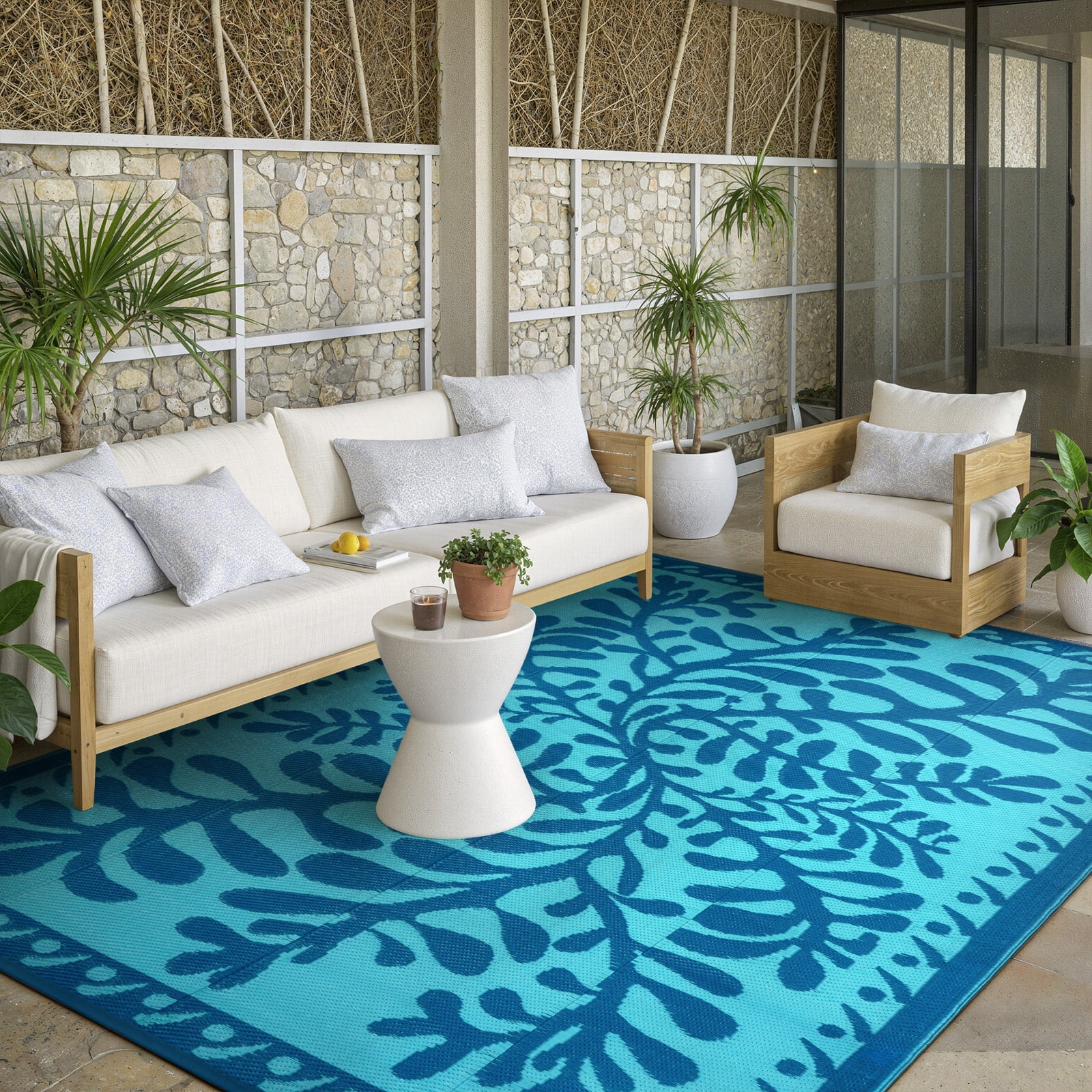SUNDEREY 6’X9’Outdoor Rug for Patio,Waterproof Beach Mats, Seaweed Pattern Plastic Straw Outdoor Rugs for RV Patio Deck Beach Porch Backyard,Blue