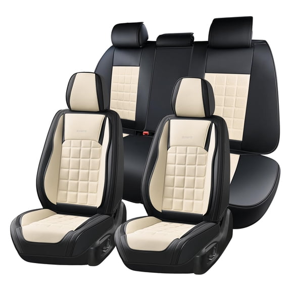FLORICH Car Seat Cover Full Set, Premium Nappa Leather Waterproof Seat Covers Universal Fit for Car SUV Truck Van, Black & Beige