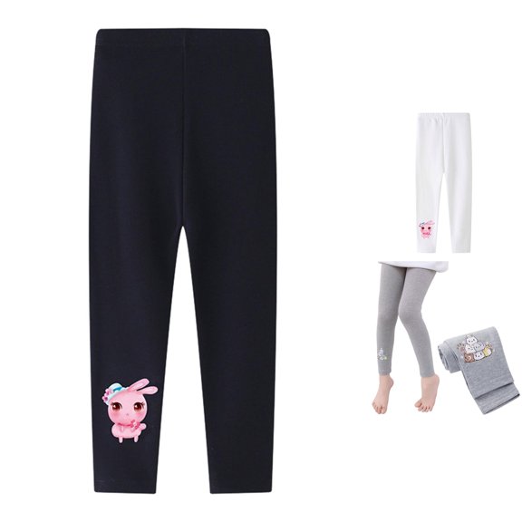 CUZIBR Girls Soft Stretch Slim Fit Leggings Cute Cartoon Bunny Print Knee Pattern Solid Full Length Casual Daily Playwear Lightweight Kids Bottoms,Black,8-9 Years