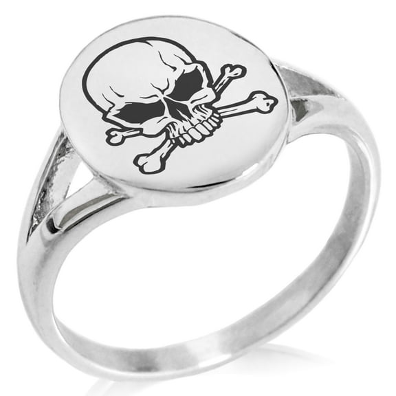 Tioneer Stainless Steel Pirate Skull & Crossbones Minimalist Oval Top Polished Statement Signet Ring