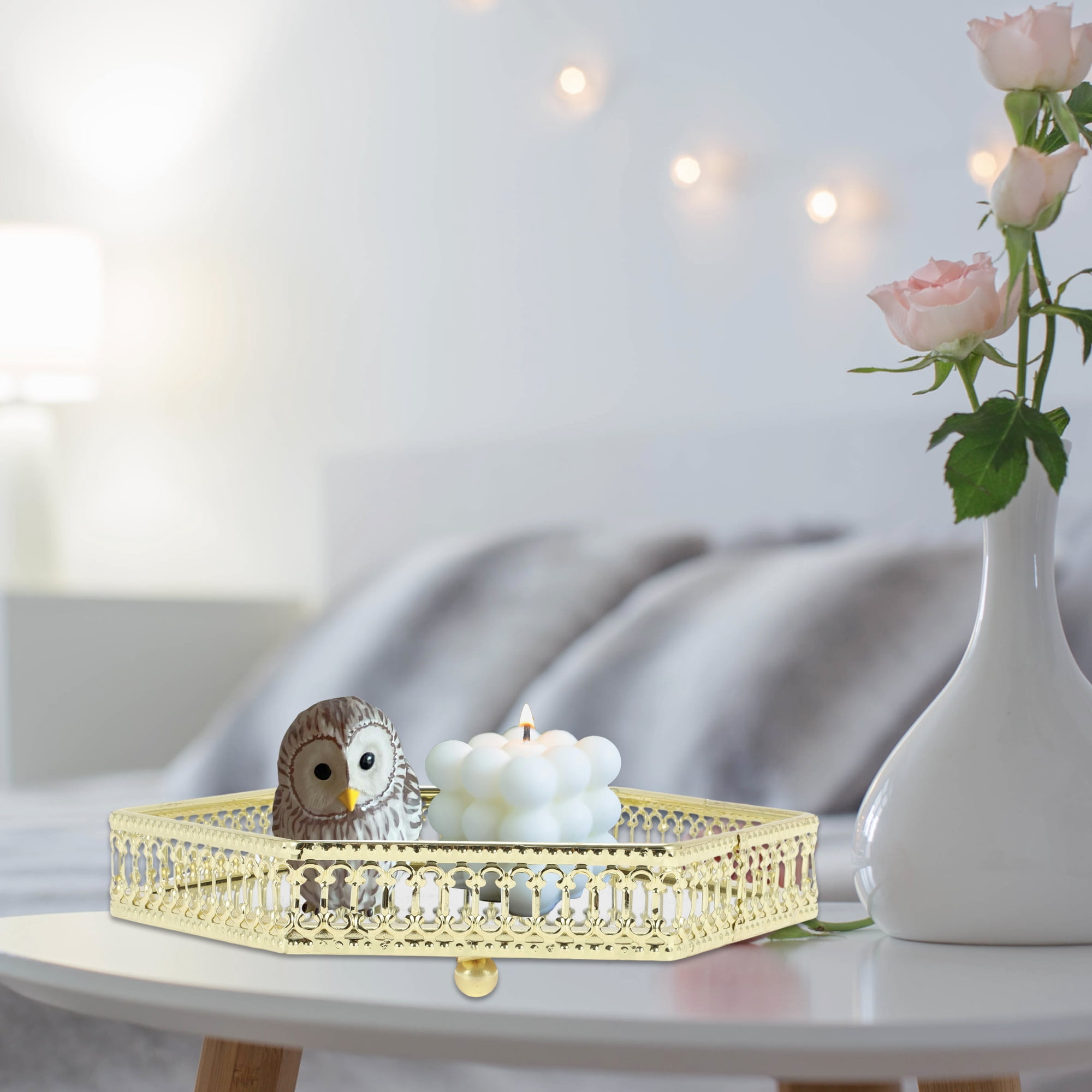 Unique Bargains Mirror Tray Hexagon Metal Perfume Tray Glass Candle Serving Tray