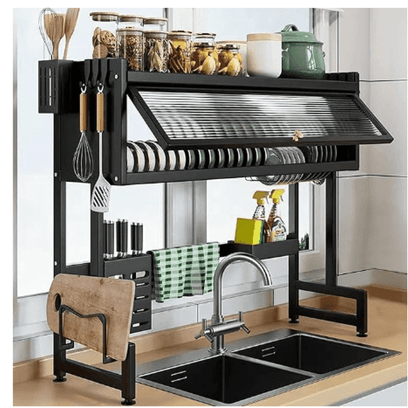 Over The Sink Dish Drying Rack, Over Sink Rack Adjustable 2 Tier Stainless Steel Large Dish Racks for Kitchen Storage Counter Organizer with Cabinet Doors with Utensil Holder