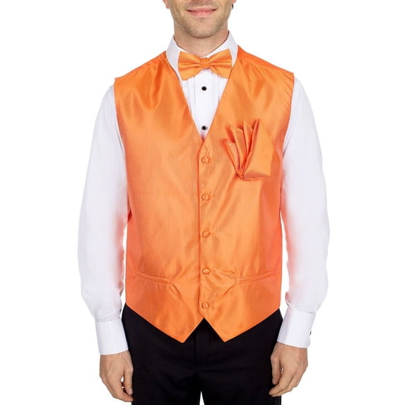 Men's Solid Fomal Vest, Bow Tie, & Hanky Orange for Tuxedo and Suit