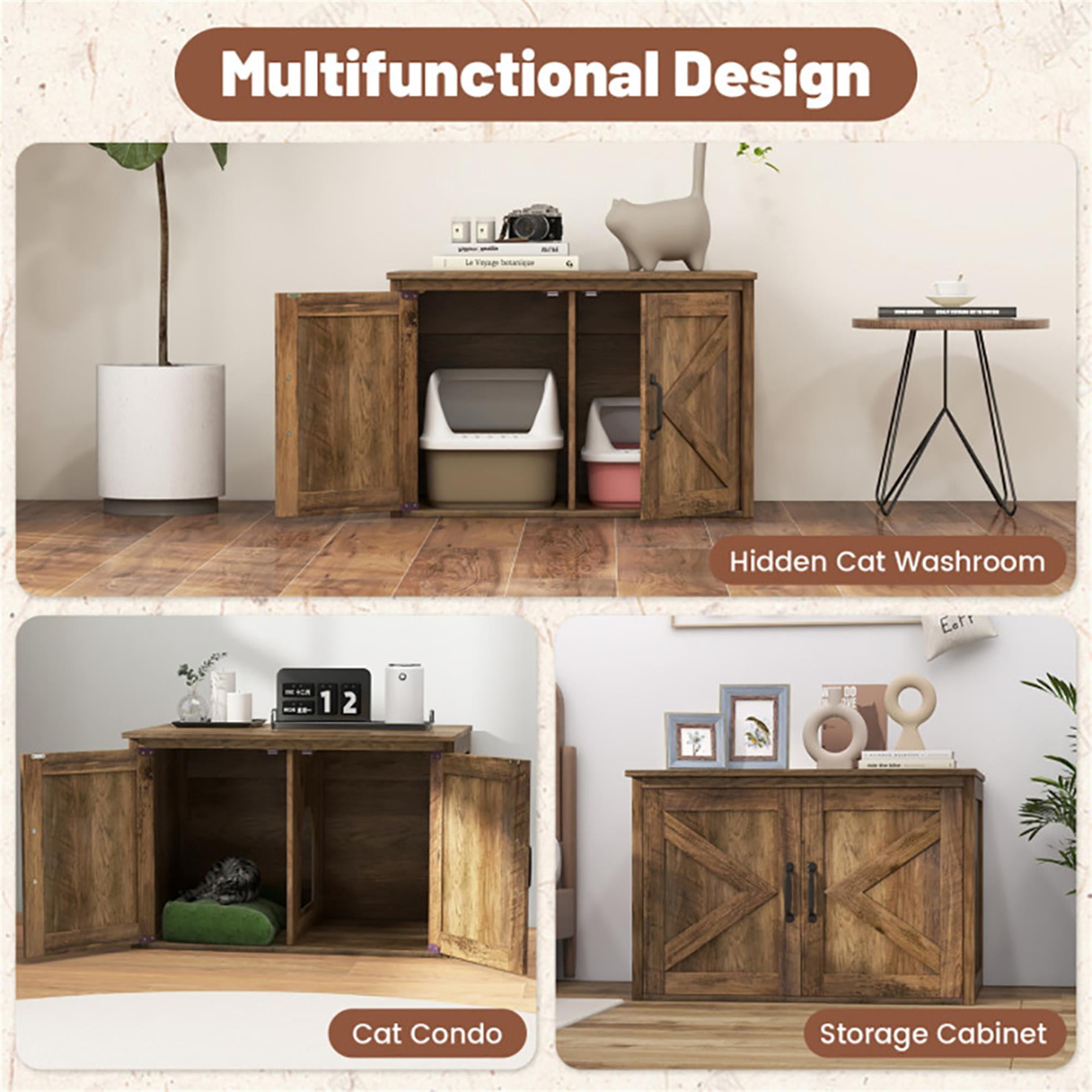 Kadyn 31" Cat Litter Box Enclosure with Double Barn Doors and Removable Divider, Flip Top Hidden Cat House Washroom Furniture, Brown