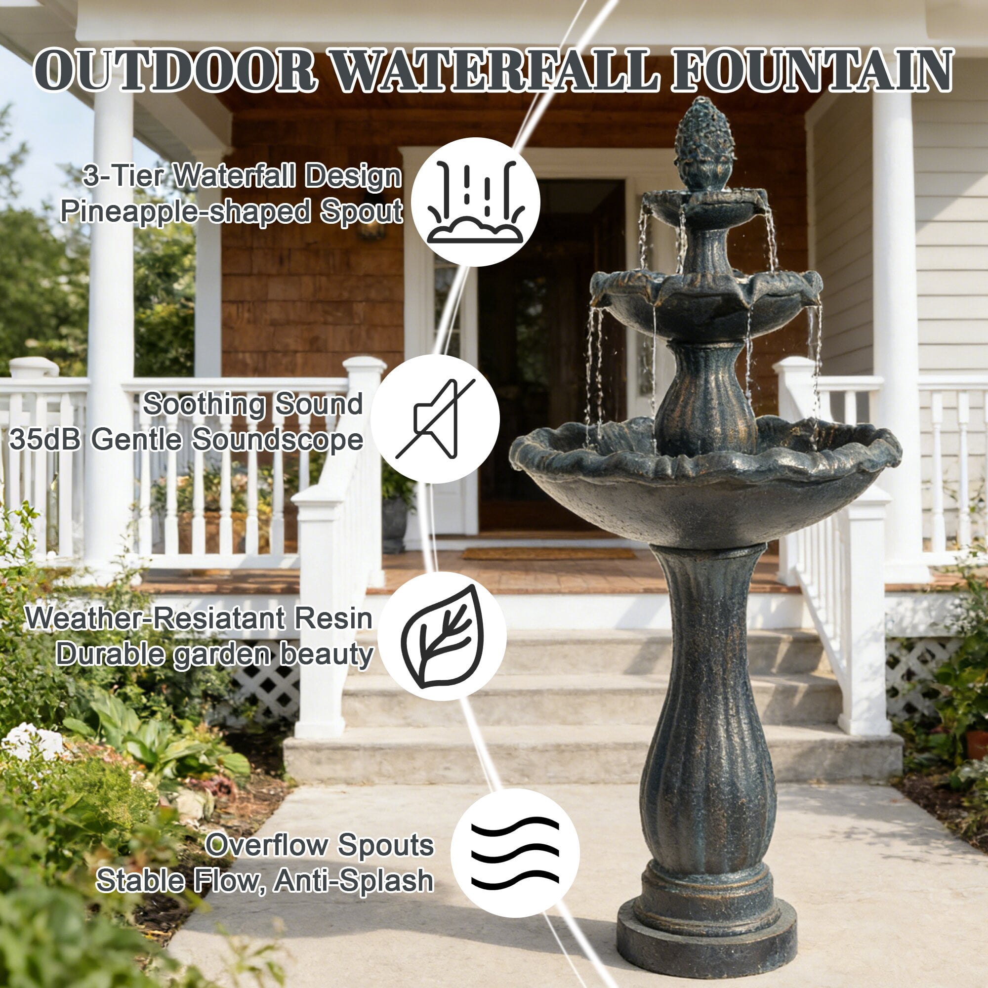Kaluomm 48" 3-Tiers Outdoor Water Fountain, Italian Pineapple Large Cascading Waterfall Fountains, Weather-Resistant Resin Freestanding Fountain Features for Garden Patio Backyard, Black