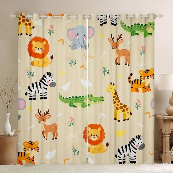 Homewish Cartoon Giraffe Zebra Black Out Curtains,Zoo Animal Lions Curtains Pack of 2 (42x63 Each),Wild Tiger Deer Crocodile Bedroom Curtains For Boys Kids,Breathable Home Decor