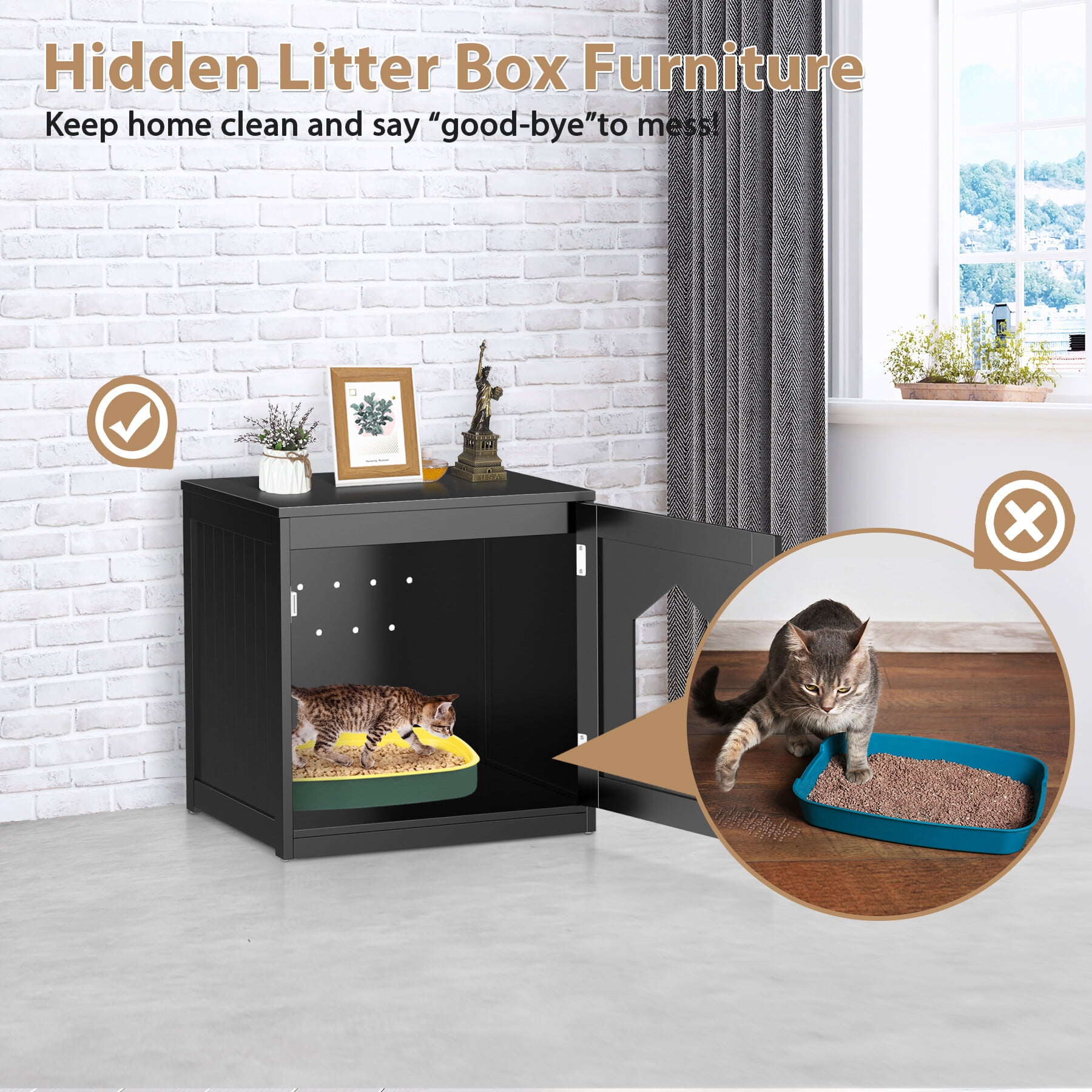 HomGarden 20'' Black Cat Washroom Pet House Hidden Litter Box Enclosure & MDF Side Table